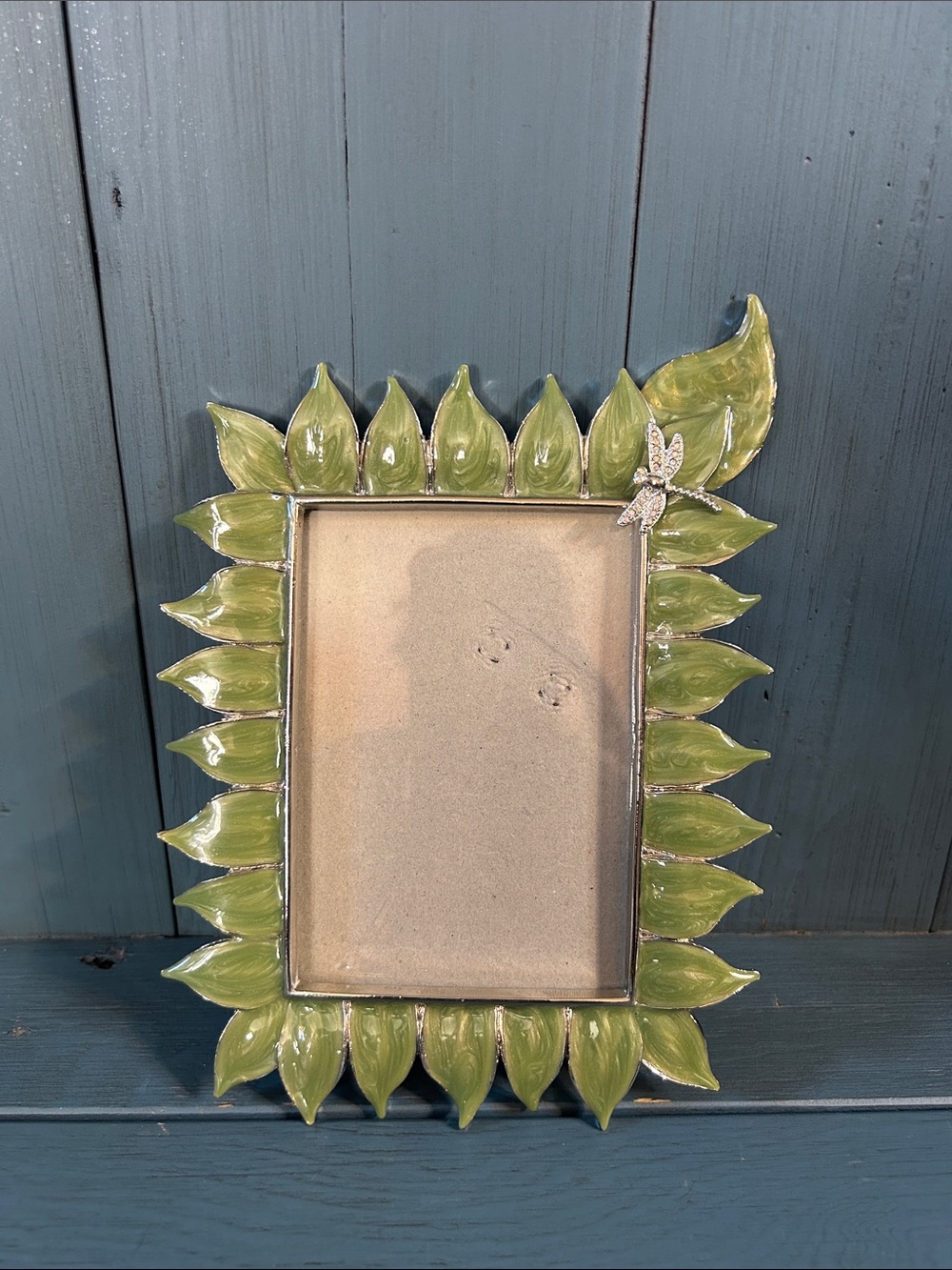 Ashleigh Manor Enamel Green Leaf Picture Frame with Silver Dragonfly Detail